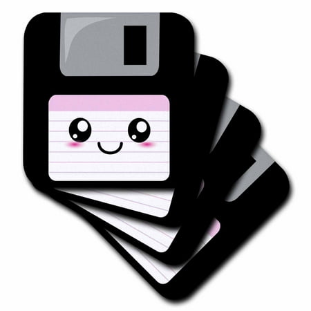 3dRose Kawaii Cute Happy Floppy Disk - Retro computer Nerd - Japanese Anime Smiley cartoon with pink label, Soft Coasters, set of 4
