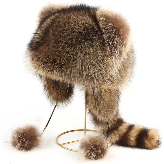 TELOLY Winter Cute Raccoon Plush Hats: Faux Fur Animal Ear Flap Hat with Tail | Adjustable Fit for Men, Women & Kids, Racoon Hat with Tail