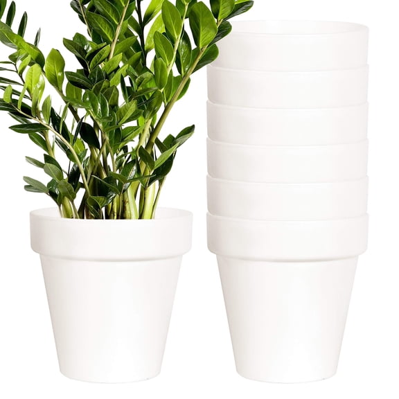 Youngever 8 Pack 5.5 Inch Plastic Planters Indoor Flower Plant Pots, Classic Decorative Gardening Pot with Drainage Holes (White No Saucers)