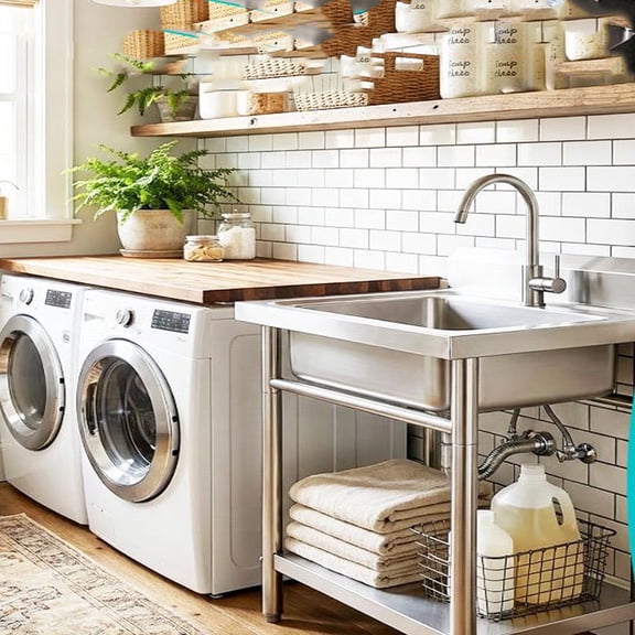 Outdoor Utility Sink Free Standing Single Farmhouse Sink, Bowl Kitchen Sink with Cold and Hot Water Pipe Stainless Steel Sink for Bathroom Laundry Outdoor