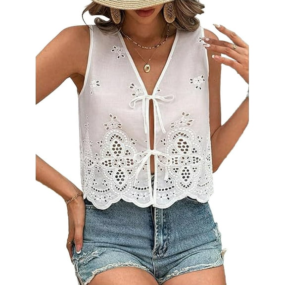Women Tie Front Vest Floral Eyelet Embroidered Tank Y2K Sleeveless V Neck Crop Shirt Top Cute Going Out Tops White XL