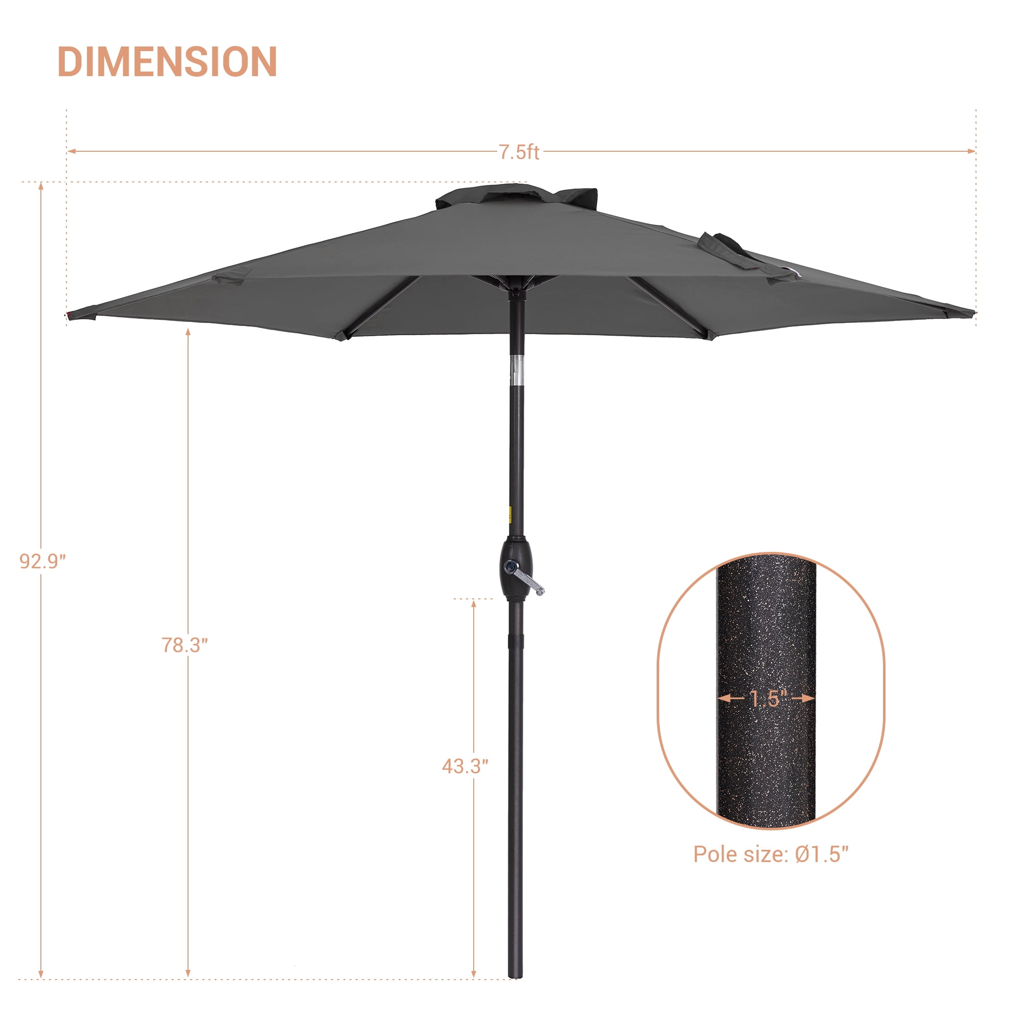 Sonerlic 7.5ft Round Patio Market Umbrella with Steel Frame, Outdoor Table Umbrella for Yard, Poolside and Deck,Anthracite