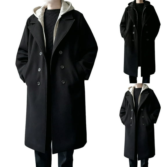 Bixock Fall and Winter Men Peacoats, Men Wool Coat Jackets, Men Solid Color Plaid Print Long Sleeve Hooded Zippered Double Breasted Wool Outerwear Jackets