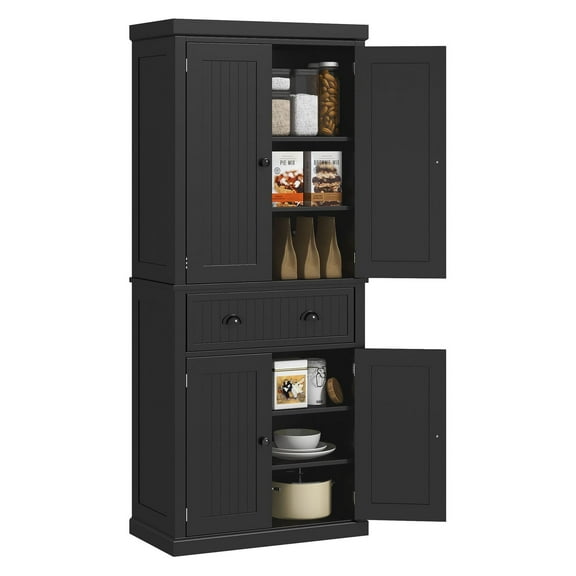 SAZYY 72" Tall Kitchen Pantry Cabinet, Freestanding Cupboard with Drawer, Doors & Shelves, Black