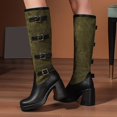 thumbnail image 5 of Xiaoxatg Women's -High Boots Autumn and Winter Leather Splice High Heel Sleeve Barrel Boots with Colored Belt Buckle 7.5 Green, 5 of 8