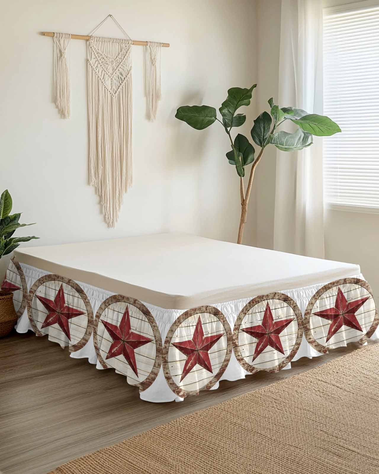 Red Star Bed Skirt California King Size 18 Inch Drop, Country Star Adjustable Elastic Dust Ruffles Bedskirt Wrap Around Pleated Mattress Frame Cover