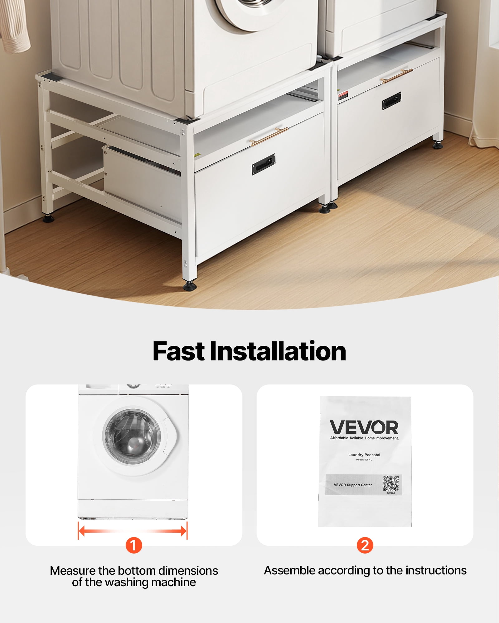 VEVOR Laundry Pedestal, 22.6 in Height, 29 x 29 in Washer and Dryer Pedestals with Pull-out Tray and Storage Space, 800 lbs Load Capacity, Non-Slip Feet Washing Machine Stand Universal, White, 2 Pack