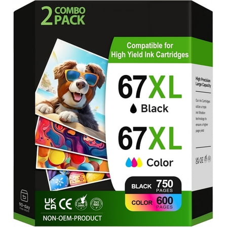 67XL Ink Cartridge Compatible for HP 67 Ink Cartridges Combo for 67XL Ink Cartridges Black and Tri-Color for HP Deskjet 2742e 2755e (Black, Tri-Color,2 Pack)