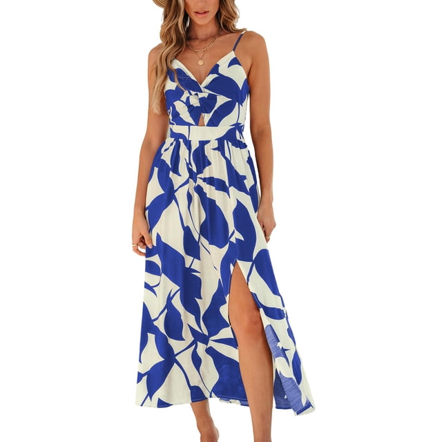 Vestido largo CUPSHE para mujer, verano, sin mangas, playa, casual, abertura lateral, tirantes finos, vacaciones, graduación, vestido midi azul medianoche, M
