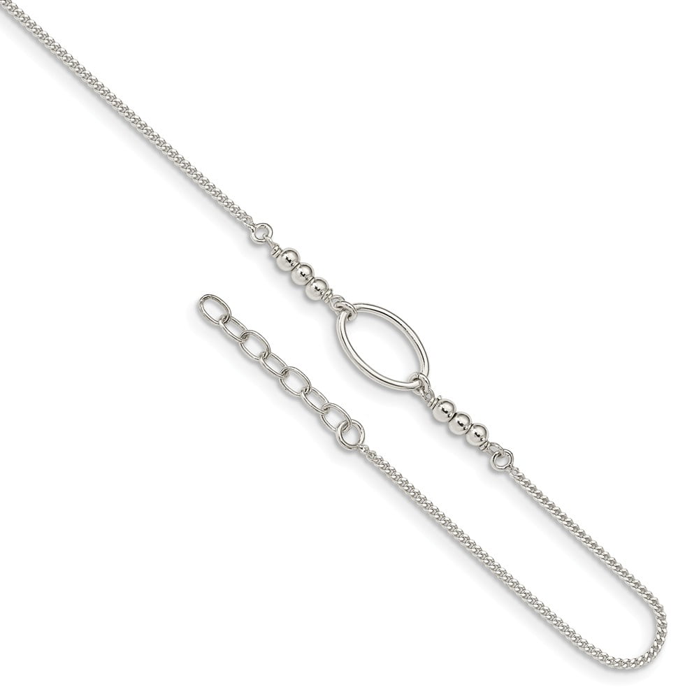 925 Sterling Silver Oval and Beaded 1in Extension Anklet 9