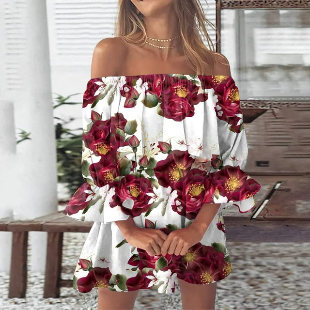 Pisexur Robe à Manches Courtes Épaules Dénudées Mode Femme Été Décontractée Épaules Dénudées Imprimée Manches Évasées Robes Femme Robe