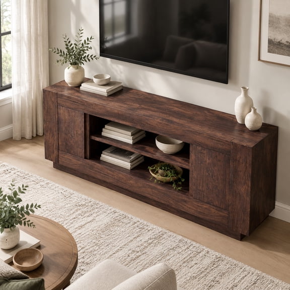 70"Modern Thick Block TV Stand, Media Console for TVs Up to 80", Dark Walnut for Living Room Home Entertainment