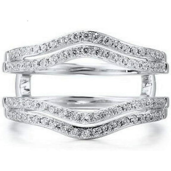 Elegant 925 Sterling Silver 14K White Gold Over Diamond Solitaire Double Enhancer Ring Guard Wrap Jacket for Women's