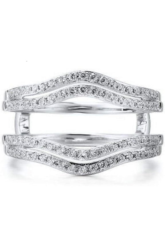 Elegant 925 Sterling Silver 14K White Gold Over Diamond Solitaire Double Enhancer Ring Guard Wrap Jacket for Women's