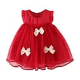 thumbnail image 2 of HOMADLES Summer Dress for Girls Crewneck Sleeveless Solid Bow Mesh Crewneck Stretch Casual Princess Dress Red 12 Months, 2 of 9