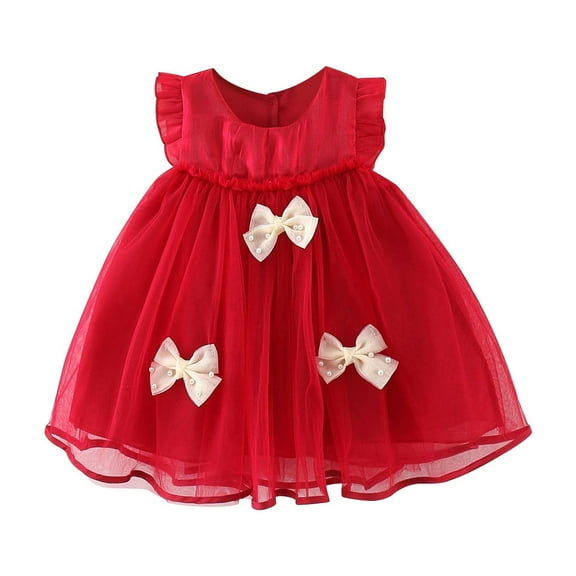 QTOCIO Toddler Girls Dresses, Baby Girl Summer Clothes, Toddler Kids Baby Girls Fashion Cute Sleeveless Sweet Solid Color Mesh Bowknot Dress, Red, 18 Months