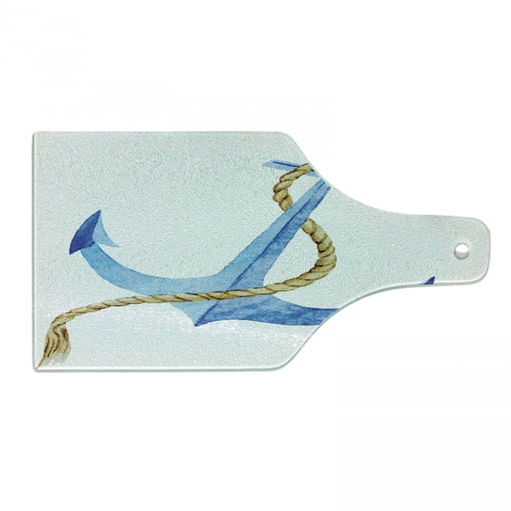 Anchor Cutting Board, Watercolor Beach Things Coastal Design Ocean Adventure Journey, Decorative Tempered Glass Cutting and Serving Board, Wine Bottle Shape, Pale Blue Pale Coffee, by Ambesonne