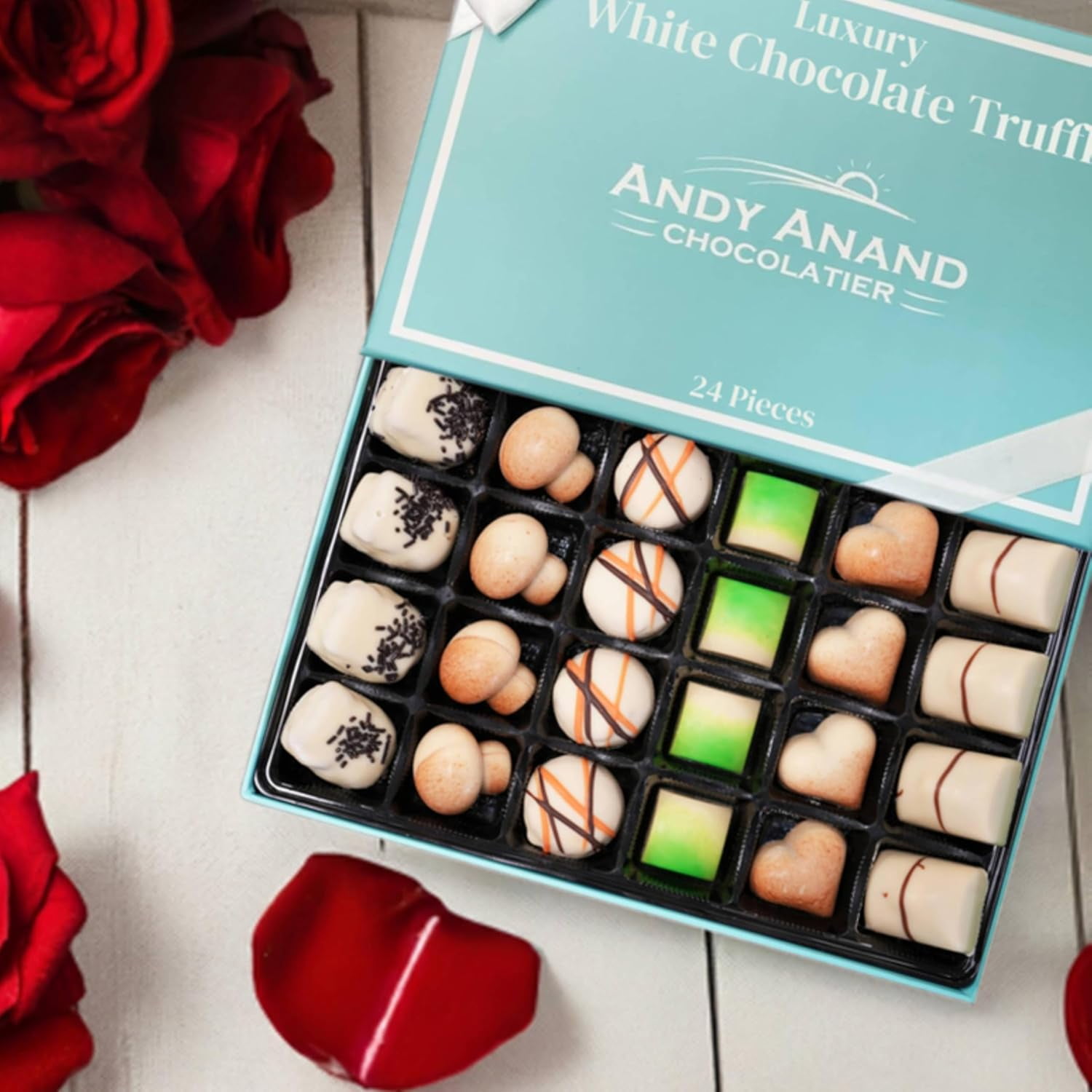 Andy Anand Handcrafted Belgian White Chocolate Truffles - Luxury Gift Box, Gluten Free, Soy-Free, Sesame Free, Delicious Decadent Belgian Truffles | Premium Gourmet Indulgence for Gift (24-Pieces)