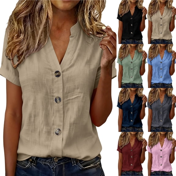 Otntypg Casual Button Down Linen Shirts for Women Dressy Summer Short Sleeve V Neck Basic Solid Color Work Business Collared T-Shirts Loose Fit Beach Vacation Tees Blouse Red M