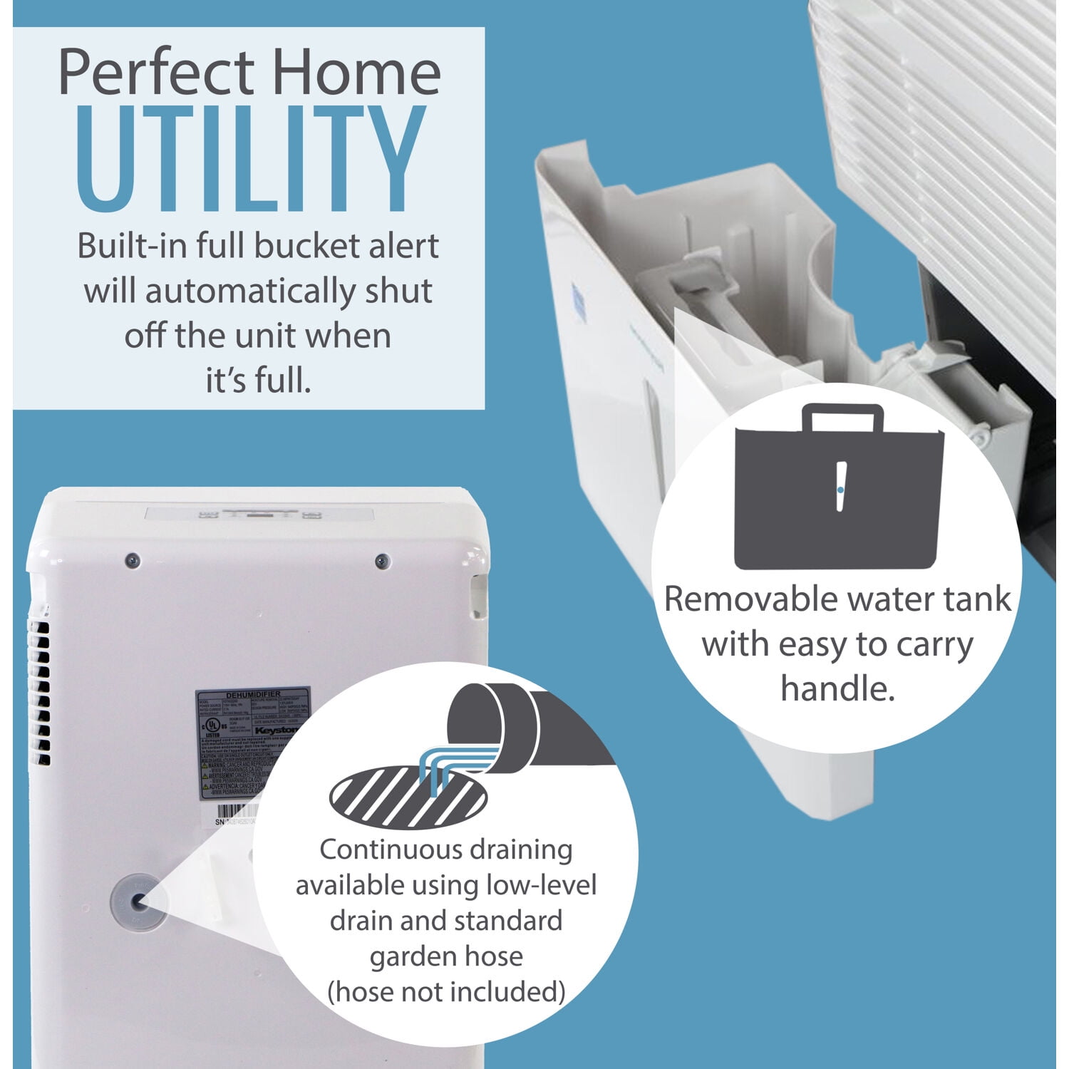 Keystone 22 Pt 1,500 Sq ft Dehumidifier in White, Energy Efficient, Bucket Full Indicator, KSTAD224D