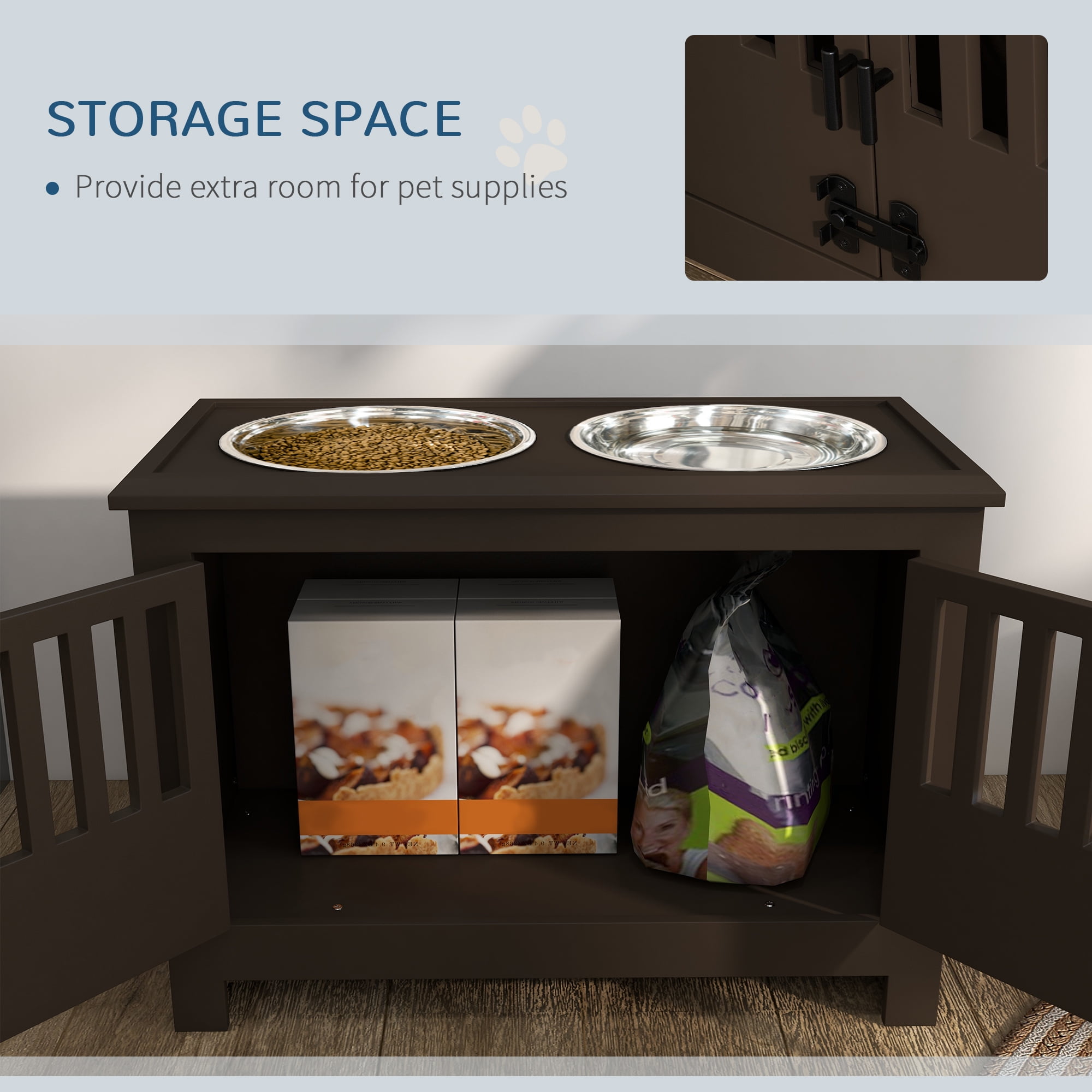 Large Elevated Dog Bowls with Storage Cabinet Containing Large 37L Capacity, Raised Dog Bowl Stand Pet Food Bowl Dog Feeding Station, Espresso