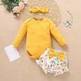 thumbnail image 2 of Coerni Toddler Boys Girls Fall Winter Outfits Long Sleeve Floral Romper + Bow Ruffle Shorts + Headband Clothes Set 2pcs, 2 of 7