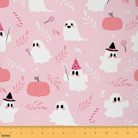 Feelyou Halloween Ghost Kids Fabric by the Yard 1 Yard, Pink Pumpkin Room Decor Fabric by the Yard, Kawaii Gothic Fabric for Sewing, Microfiber Bedroom Decor
