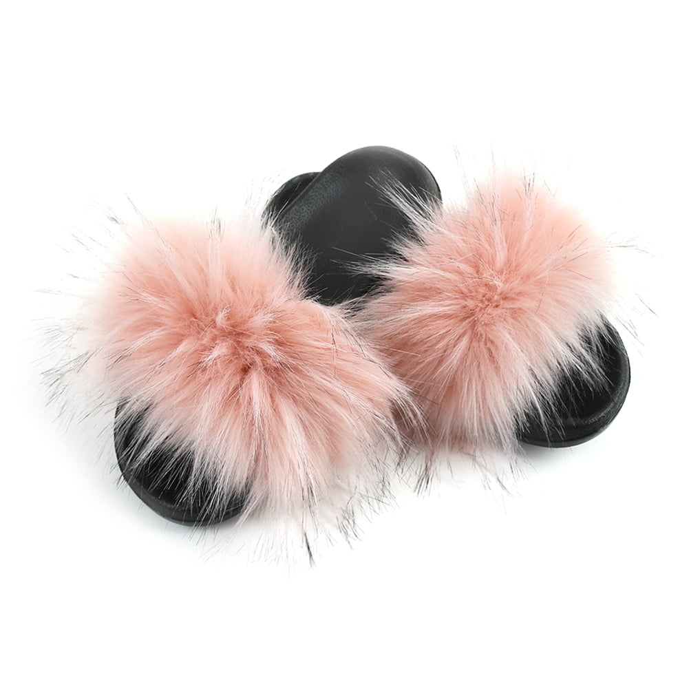 faux raccoon fur slides