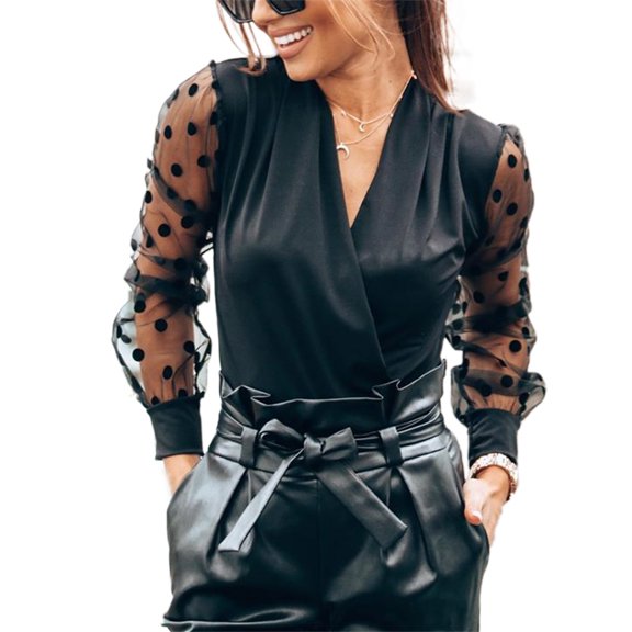 Douhoow Women Blouse Deep V Neck Mesh Polka Dot Long Sheer Sleeve Top Black Shirt