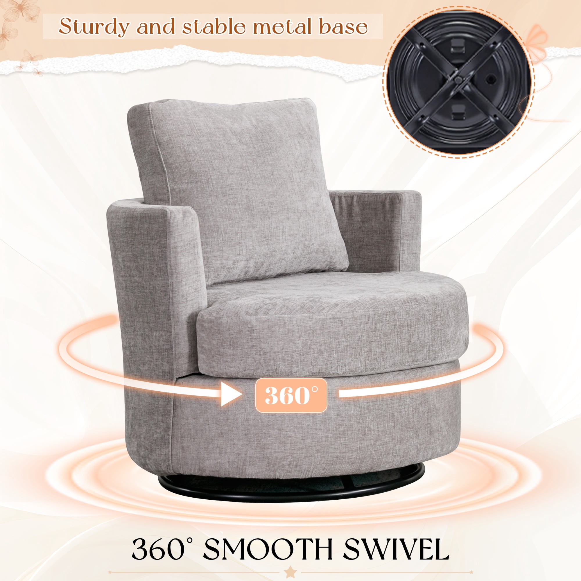 Dinosisco Swivel Barrel Chair, Chenille Accent Armchair for Living Room Bedroom, Gray