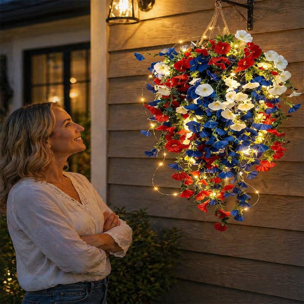 Patriotic Hanging Flower Baskets 2pcs Red White Blue Artificial Flowers Outdoor Fake Porch Trailing Flowers For 250th Anniversary Decor (2Pcs)