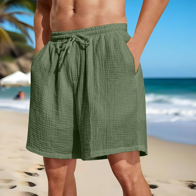 Admvng Mens Shorts Solid Color Holiday Breathable Elastic Waist Shorts with Pockets S-3XL