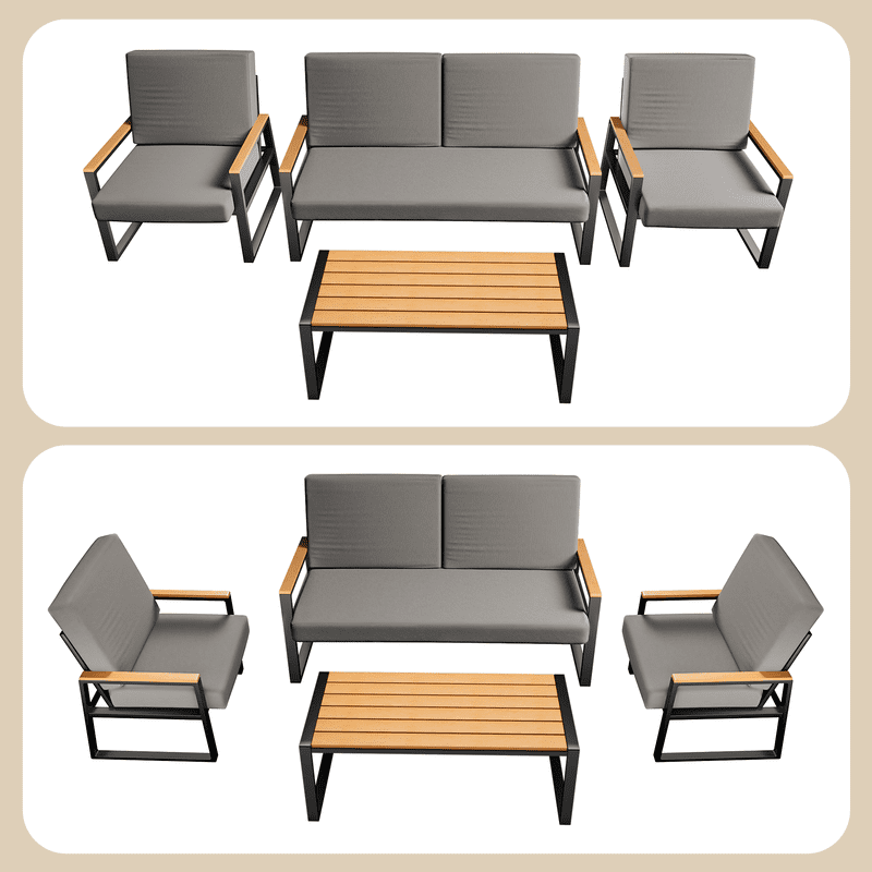Patio Furniture Set, All-Weather Outdoor Conversation Set with Loveseat, Armchairs, Coffee Table, and Removable Cushions, Outdoor Sectional-Style Seating for Patio, Garden, Yard, Gray