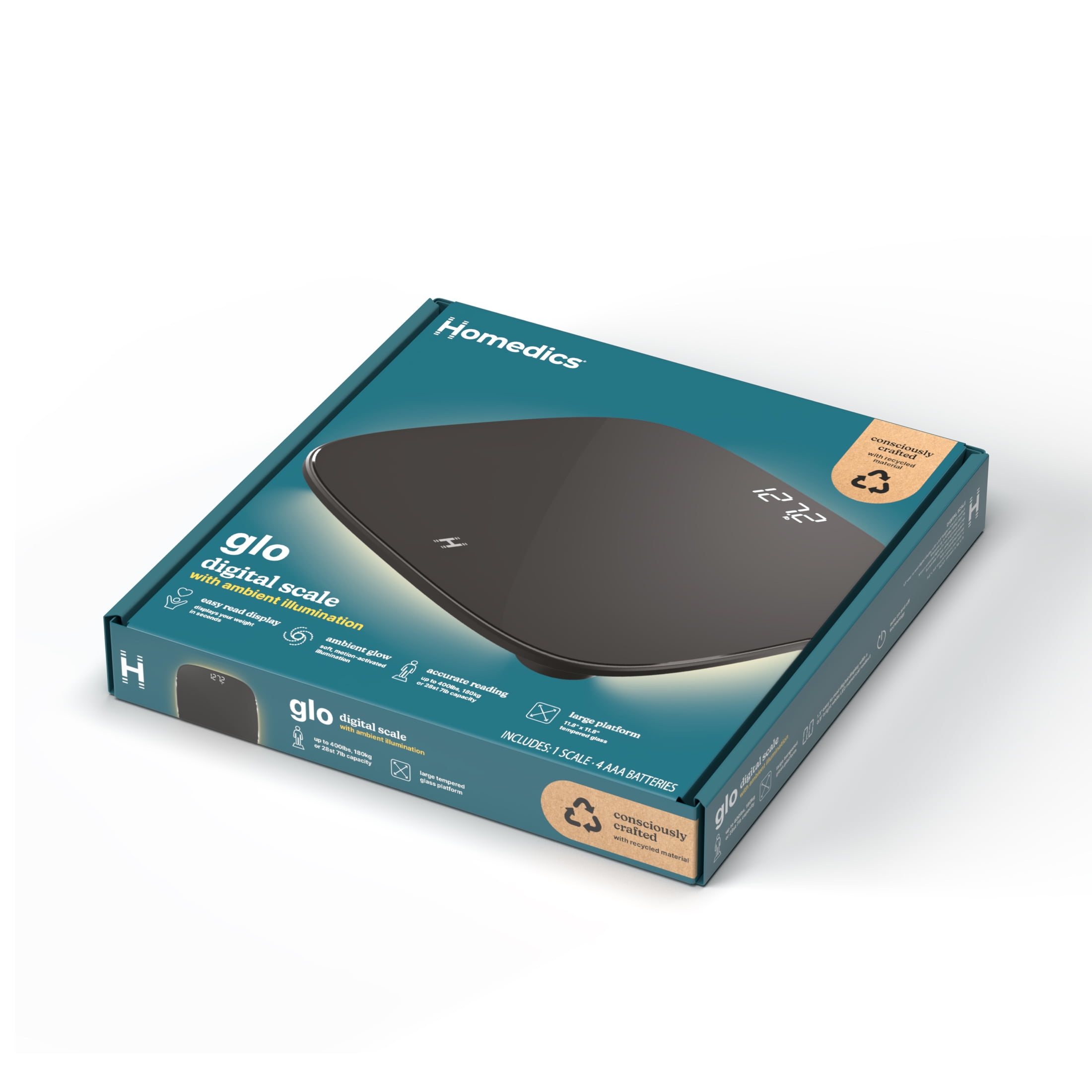 Homedics Essential Glo, Digital Bathroom Scale, Motion-Sensing Ambient Center Illumination, Sleek Tempered Glass, High-Precision Weight Measurement Up to 400 lbs, Sustainable Design, Black