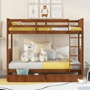 Bellemave Bunk Beds with Storage Drawers, Solid Wood Twin Over Twin Bunk Beds Frame with Ladders for Teens Adults (Walnut)