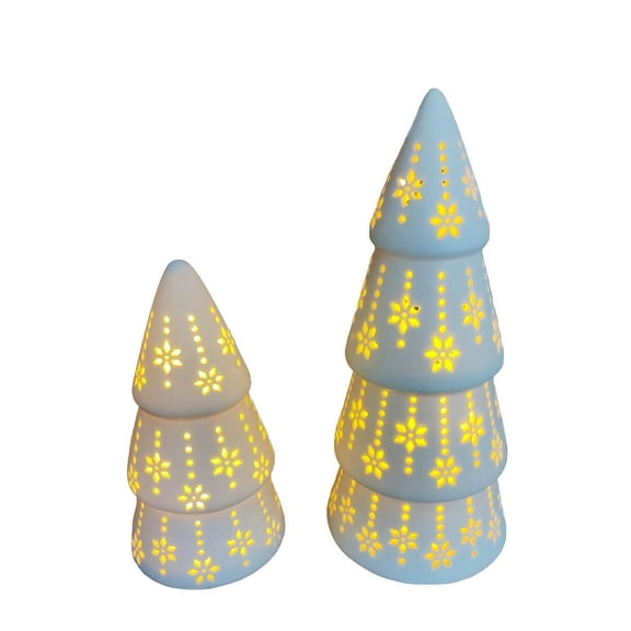 Christmas Tree Lighted Table Decorations - Set of Two White Tabletop Ceramic Christmas Tree Figurine Decorations Indoor That Light Up, Snowflakes and Cutout Porcelain Christmas Tree with Lights