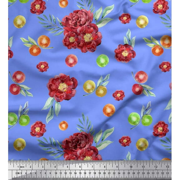 Soimoi Blue Cotton Duck Fabric Fruits & Peony Floral Printed Craft Fabric 1 Yard 44 Inch Wide