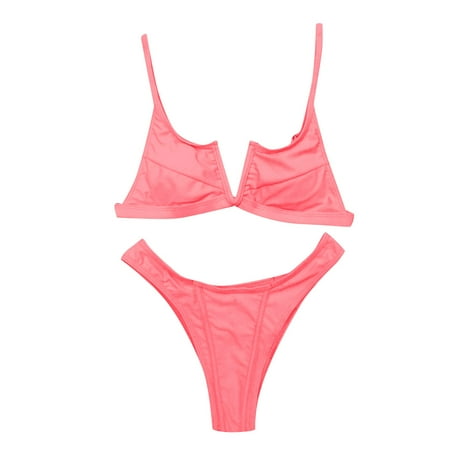 Aayomet Trendy Bikinis for Women 2024 Women s Thong Bottom Two Piece Bikini Double Shoulder Straps Cute Swimsuit Triangle Bathing Pink M