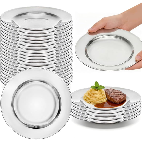 24 Pack Stainless Steel Dinner Plates, 8 Inch Metal Lightweight Unbreakable Camping Dishes, Round Reusable Serving Platter Feeding Tray for Home, Picnic, BBQ, Dishwasher Safe