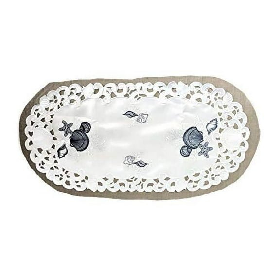 Doily Boutique Placemat or Doily with Blue Seashells on White Fabric, Size 27 x 13 inches