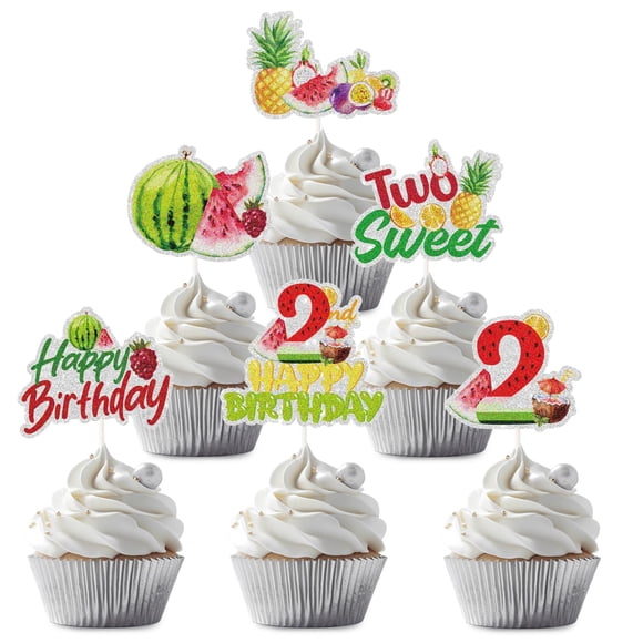 Decoración para magdalenas LECAKTO Tutti Frutti para segundo cumpleaños, 18 piezas