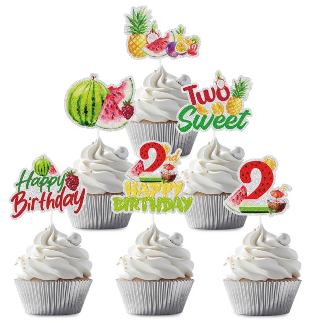 Decoración para magdalenas LECAKTO Tutti Frutti para segundo cumpleaños, 18 piezas