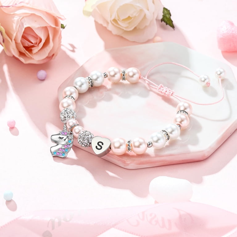 Turandoss Initial Pink Pearl Unicorn Pendant Bracelet photo 4
