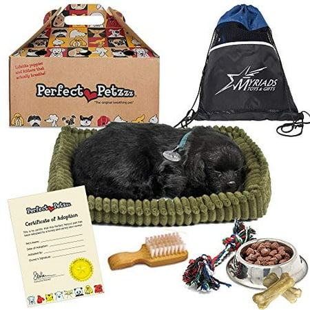 Lab Dog Plate - Perfect Petzzz Plush Black Lab Breathing Puppy Dog with Dog Food, Treats, and Chew Toy Includes Myriads Drawstring Bag