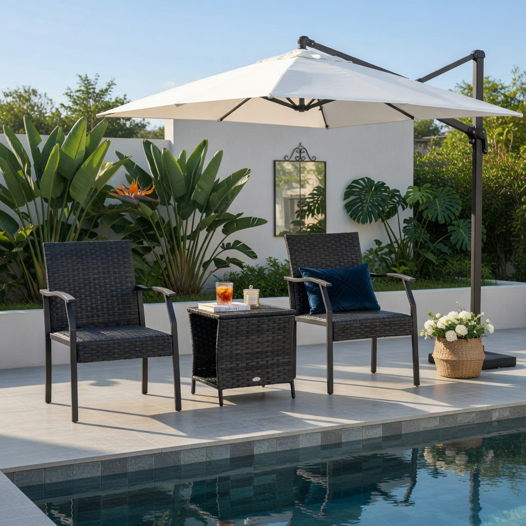 Hommoo 3-Piece All-Weather Wicker Patio Chair Set with Quick-Dry Foam Cushions & Tempered Glass Coffee Table, PE Rattan Outdoor Seating for Backyard, Poolside & Porch, Brown
