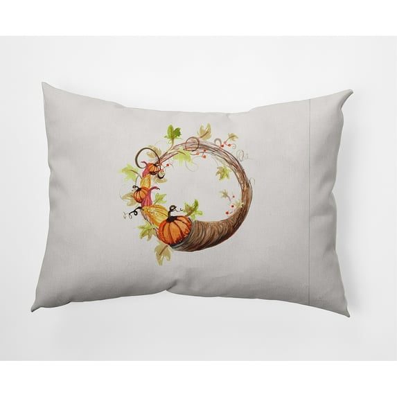 Simply Daisy, 14" x 20" Cornucopia Wreath Cream Fall Print Outdoor Decorative Throw Pillow