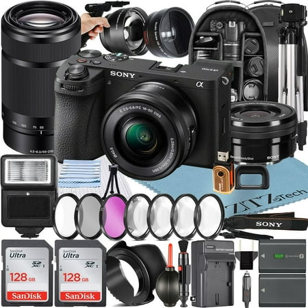 Sony a6700 Mirrorless Camera with 16-50mm + E 55-210mm OSS Lens + 2 Pack SanDisk 128GB Card + Wideangle + Backpack + ZeeTech Accessory Bundle