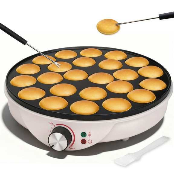 Mailand Electric 24-Hole Dutch Pancake Maker, 24 Slots Poffertjes Maker Pan, Brush & Forks Included, White