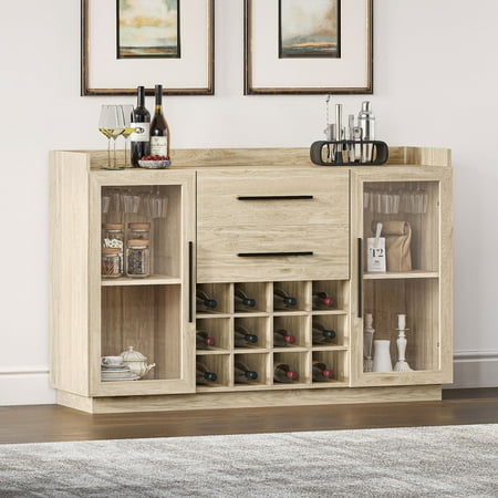 BELLEZE 55 Wine Cabinet Sideboard Buffet with Wine Rack and Glass Holder Home Coffee Bar Freestanding Liquor Cabinet with Display Glass Doors for Living Room Dining Room - Marcel (White Lotus)