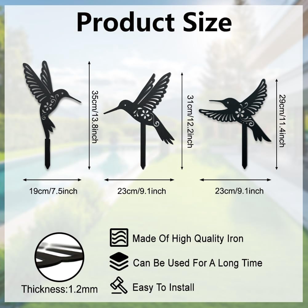 3 Styles Hummingbirds Metal Decorative Garden Stakes Funny Hummingbirds Flowers Metal Silhouette Statues Animal Garden Ornament Gifts Black Yard Art Decoration for Outdoor Backyard Patio Lawn